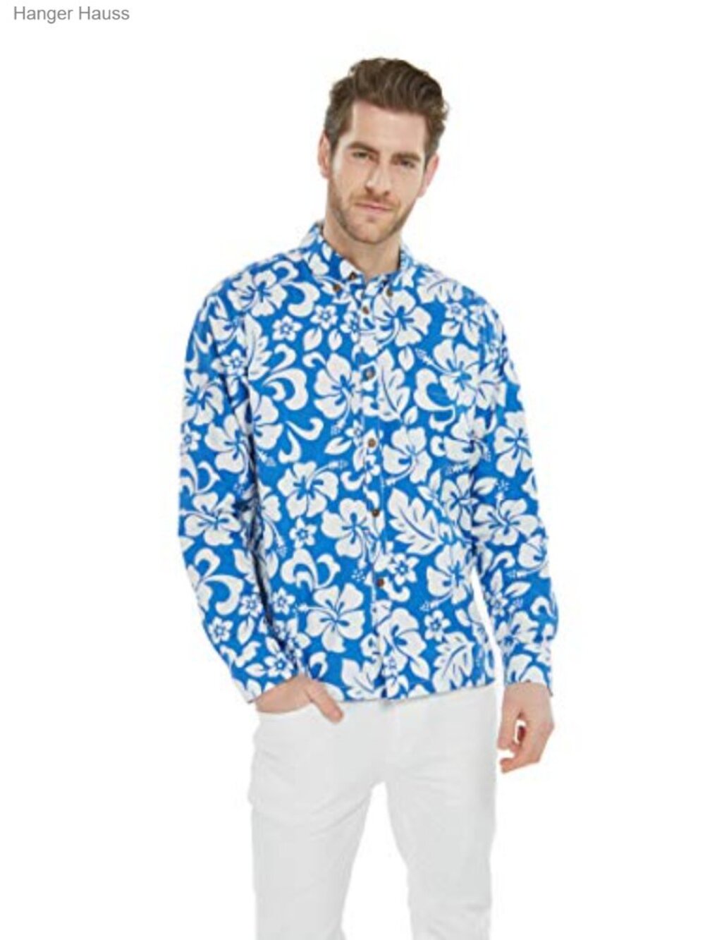 Men's Floral Cotton Long Sleeve Aloha Shirt with Coconut Buttons